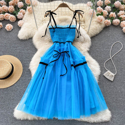 Süßes kurzes blaues A-Linien-Tüllkleid Modekleid P292