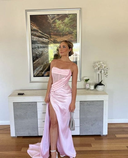 Sexy Birthday Dresses Pink Strapless Prom Dresses Slit Birthday Outfit –  PreppyDress