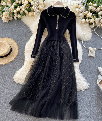 Élégante Robe Tricotée avec Épissures en Tulle P319
