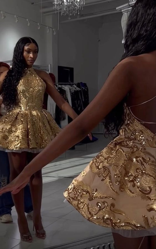 Elegant Glitter Mini 17th Birthday Dresses Gold Birthday Outfit P418
