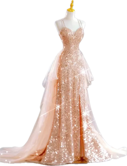 Glitzerndes Roségold Meerjungfrau Schlitz Schleppe Pailletten Ballkleid Abendkleid P4311