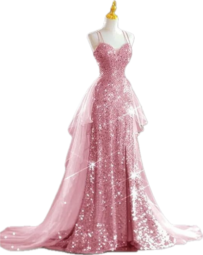 Glitzerndes Roségold Meerjungfrau Schlitz Schleppe Pailletten Ballkleid Abendkleid P4311