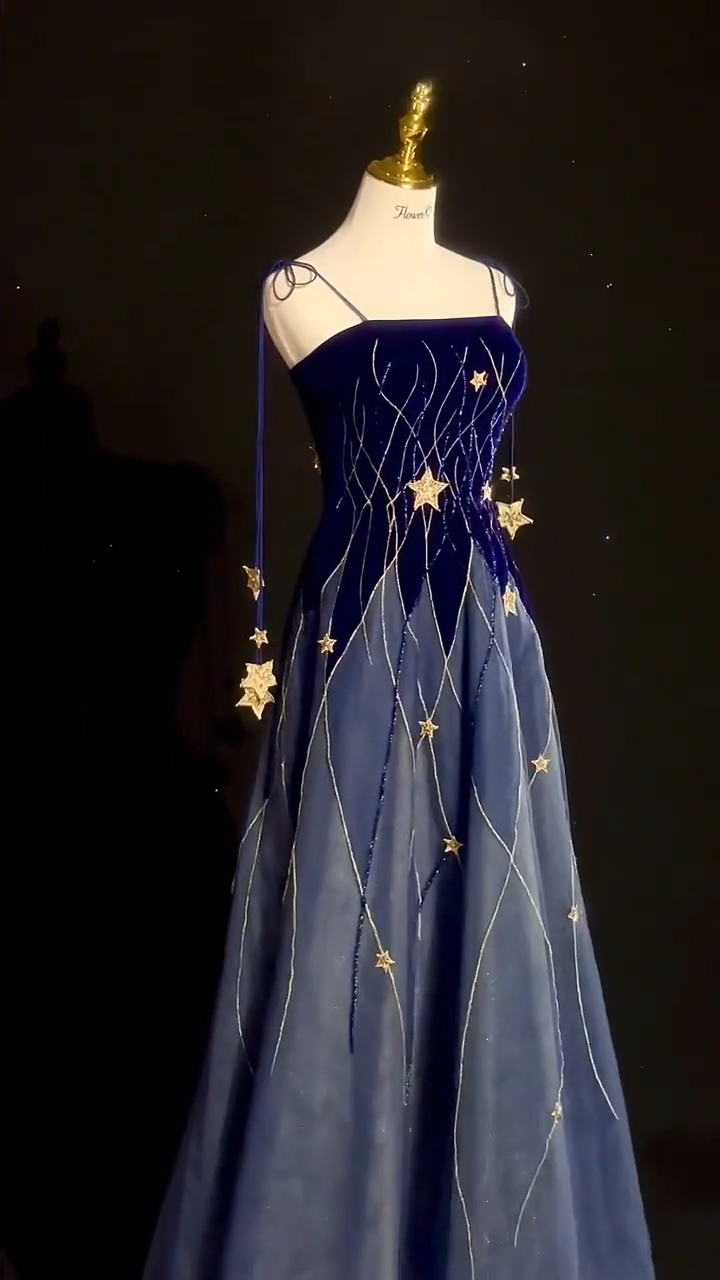 Elegant Navy Blue Spaghetti Strap Long Prom Dress with Star P2228