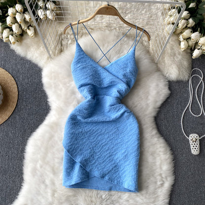 Robe courte femme dos nu sexy à fines bretelles P136