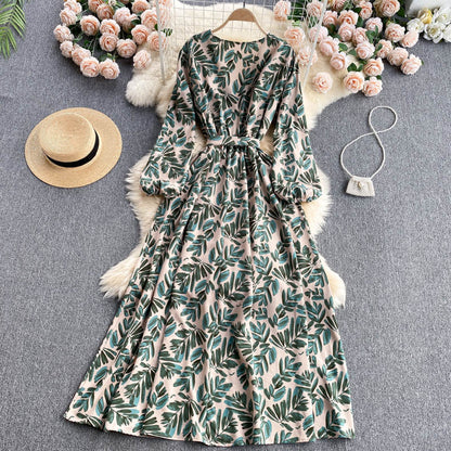 Vintage A-Linien Blumenkleid Langarm Damenkleid P105