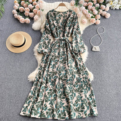 Vintage A-Linien Blumenkleid Langarm Damenkleid P105