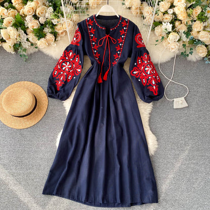 Boho-Kleid mit Stickerei, Rundhals und Ballonärmeln für Damen P083
