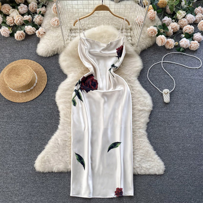 Robe longue fendue en satin de soie à fines bretelles sexy pour femme P146