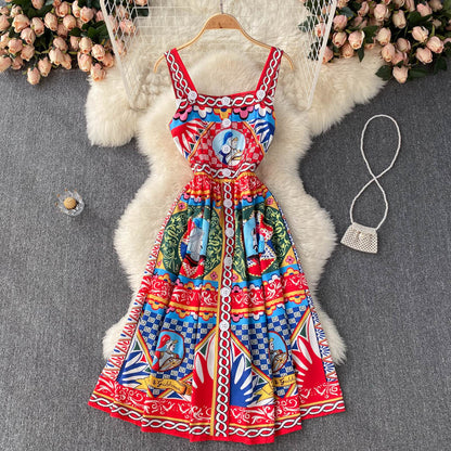 Vintage Träger Rot Kleid Sommer Damen Urlaubs-Kleid P218