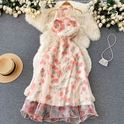 Süßes Neckholder-Sommerkleid mit Blumenmuster für Damen, Urlaubs-Kleid P175
