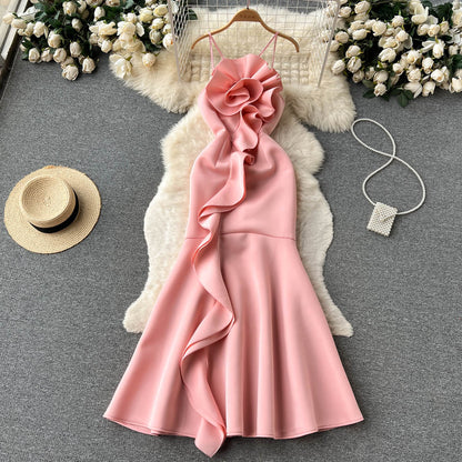 Sexy Meerjungfrau Spaghetti-Träger Rüschen Satin Blumen Kleid Damen Kleid P147