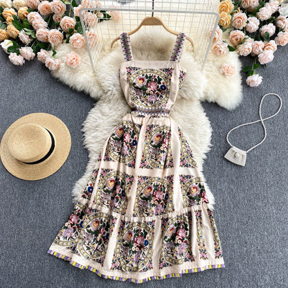 Palastkleid Damen Sommer Retro Bedrucktes Trägerkleid Damen Urlaubskleid P182
