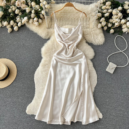Sexy Spaghetti-Träger Seidensatin-Kleid Damen Partykleid P192