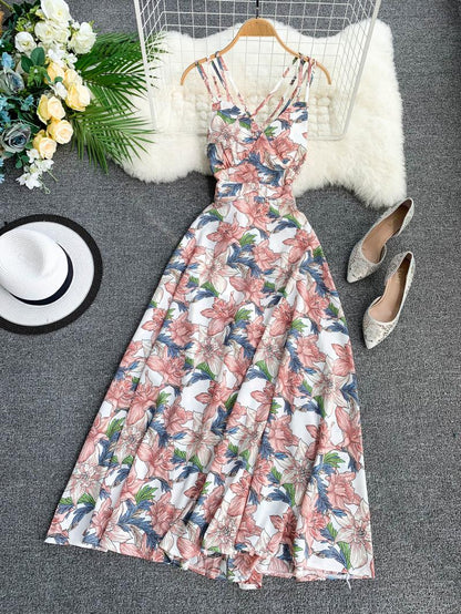 Sexy Spaghettiträger Sommer Rückenfreies Blumenkleid Heißes Damenkleid P155