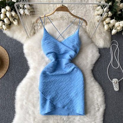 Robe courte femme dos nu sexy à fines bretelles P136