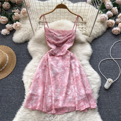 Robe rose florale sexy à fines bretelles pour femmes P143