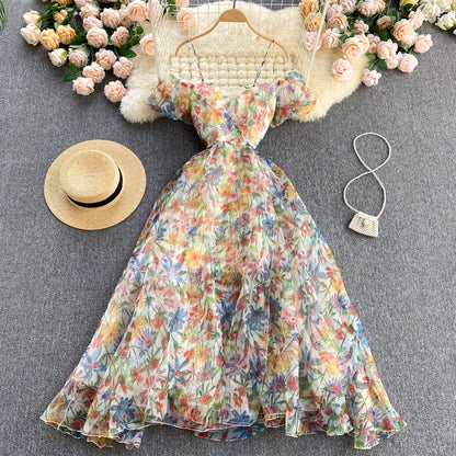 Jolie robe courte fleurie dos nu à fines bretelles pour femme P138