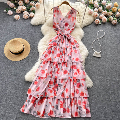 Süßes Sommerkleid mit V-Ausschnitt und Blumenmuster für Damen, Urlaubskleid P174