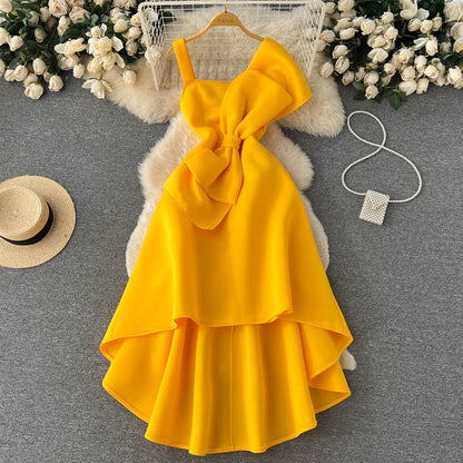 Robe de soirée sexy à bretelles spaghetti asymétrique avec nœud pour femme P156