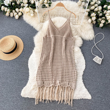 Sexy Spaghettiträger Boho Resort Fransen Strickkleid Damen Urlaubs-Kleid P170