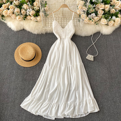 Sexy Spaghettiträger Rückenfreies Spitzenkleid Weiß Sommer Damen Urlaubskleid P216