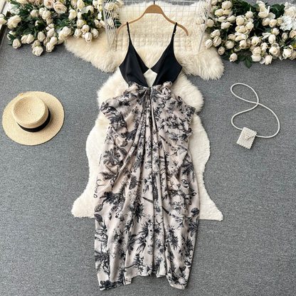 Sexy V-Ausschnitt rückenfreies Kleid Damen Tintenmalerei neue Träger unregelmäßiges Urlaubskleid P238