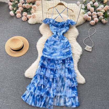 Cute Spaghetti Straps Long Blue Floral Dress Women Holiday Dress P234 –  PreppyDress