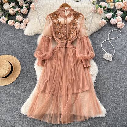 Vintage A-Linien-Kleid mit langen Ärmeln und Spitze für Damen P230