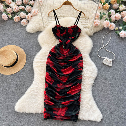 Elegantes Spaghetti-Trägerkleid mit langem Blumenmuster und rotem Abendkleid für Damen, P236