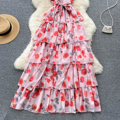 Süßes Sommerkleid mit V-Ausschnitt und Blumenmuster für Damen, Urlaubskleid P174