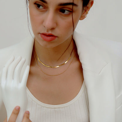 Zierliche Schlangen-Doppelketten-Choker, Schlangenkette, Fischgrätenkette, Goldene Doppel-Halskette, Omega-Halskette, Dünne Halskette E019