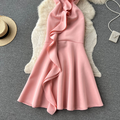 Sexy Meerjungfrau Spaghetti-Träger Rüschen Satin Blumen Kleid Damen Kleid P147