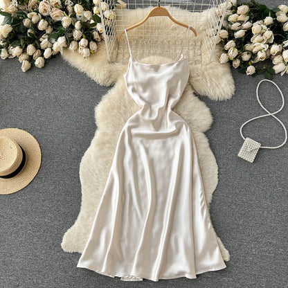 Sexy Spaghetti-Träger Seidensatin-Kleid Damen Partykleid P192