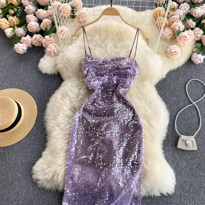 Vintage Spaghettiträger Trauben-Paillettenkleid Damen Urlaubskleid P186