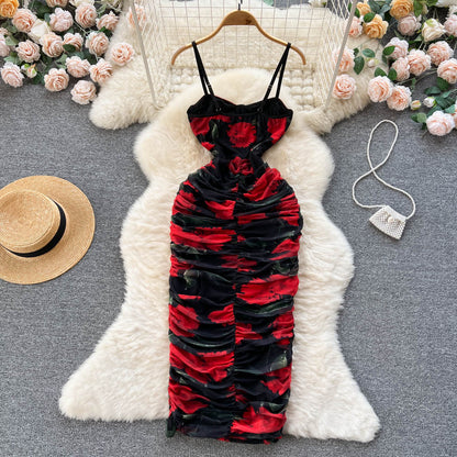 Elegantes Spaghetti-Trägerkleid mit langem Blumenmuster und rotem Abendkleid für Damen, P236