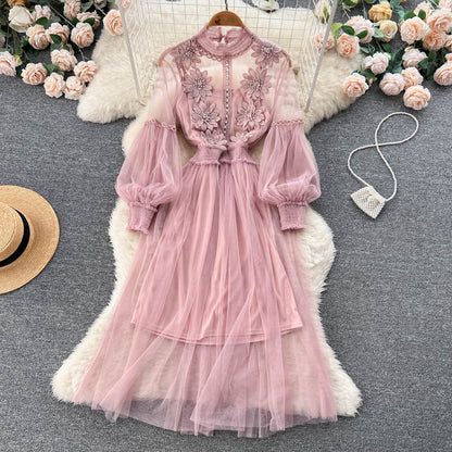 Vintage A-Linien-Kleid mit langen Ärmeln und Spitze für Damen P230