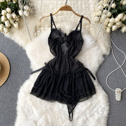 Sexy Spaghettiträger Kurzes Spitzen Schwarzes Kleid Damen Urlaubskleid P235