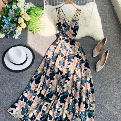 Sexy Spaghettiträger Sommer Rückenfreies Blumenkleid Heißes Damenkleid P155