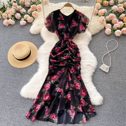 sexy Meerjungfrauen-Kleid mit V-Ausschnitt, Blumenmuster, Damenkleid P098