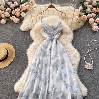 Robe d'été sexy évasée à fines bretelles pour femme P096