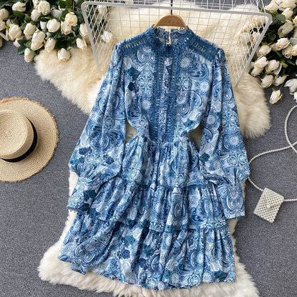 Robe trapèze vintage à manches longues et imprimé floral pour femme P102