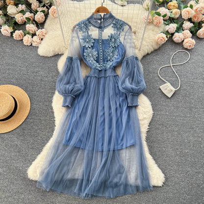 Vintage A-Linien-Kleid mit langen Ärmeln und Spitze für Damen P230