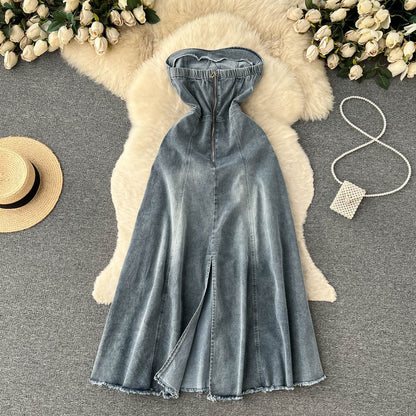 Hot Girl Retro Denimrock Damen A-Linien-Kleid lang P125