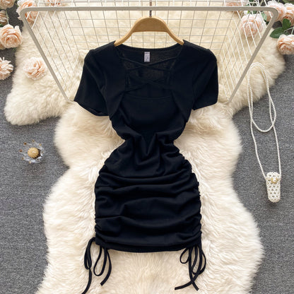 Hot Girl Slim Square Neck Dress Short Sleeve Sexy Drawstring Tight Sho –  PreppyDress