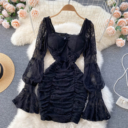Vintage-Spitze Langarm Kurzes Sommerkleid für Damen P122