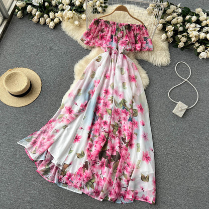 Süßes schulterfreies Kleid mit Schlitz und Blumenmuster für Damen P112