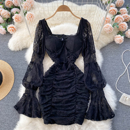 Vintage-Spitze Langarm Kurzes Sommerkleid für Damen P122
