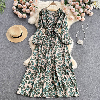 Vintage A-Linien Blumenkleid Langarm Damenkleid P105