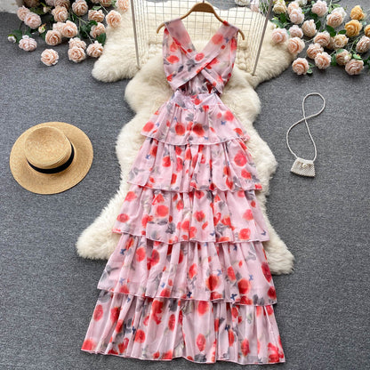 Süßes Sommerkleid mit V-Ausschnitt und Blumenmuster für Damen, Urlaubskleid P174