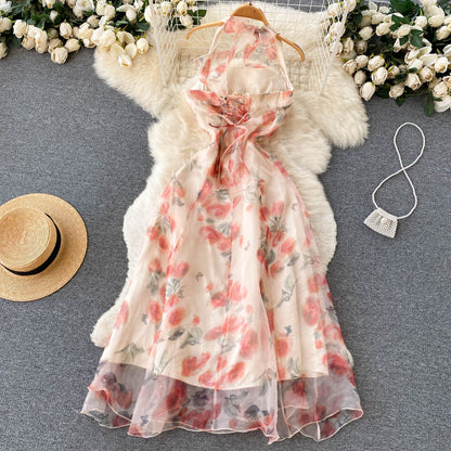 Süßes Neckholder-Sommerkleid mit Blumenmuster für Damen, Urlaubs-Kleid P175